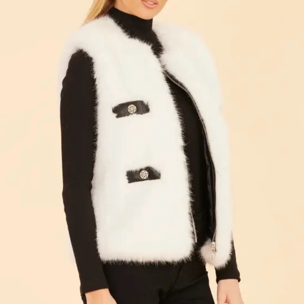Dolce Cabo White Faux Fur Vest With Black Trim